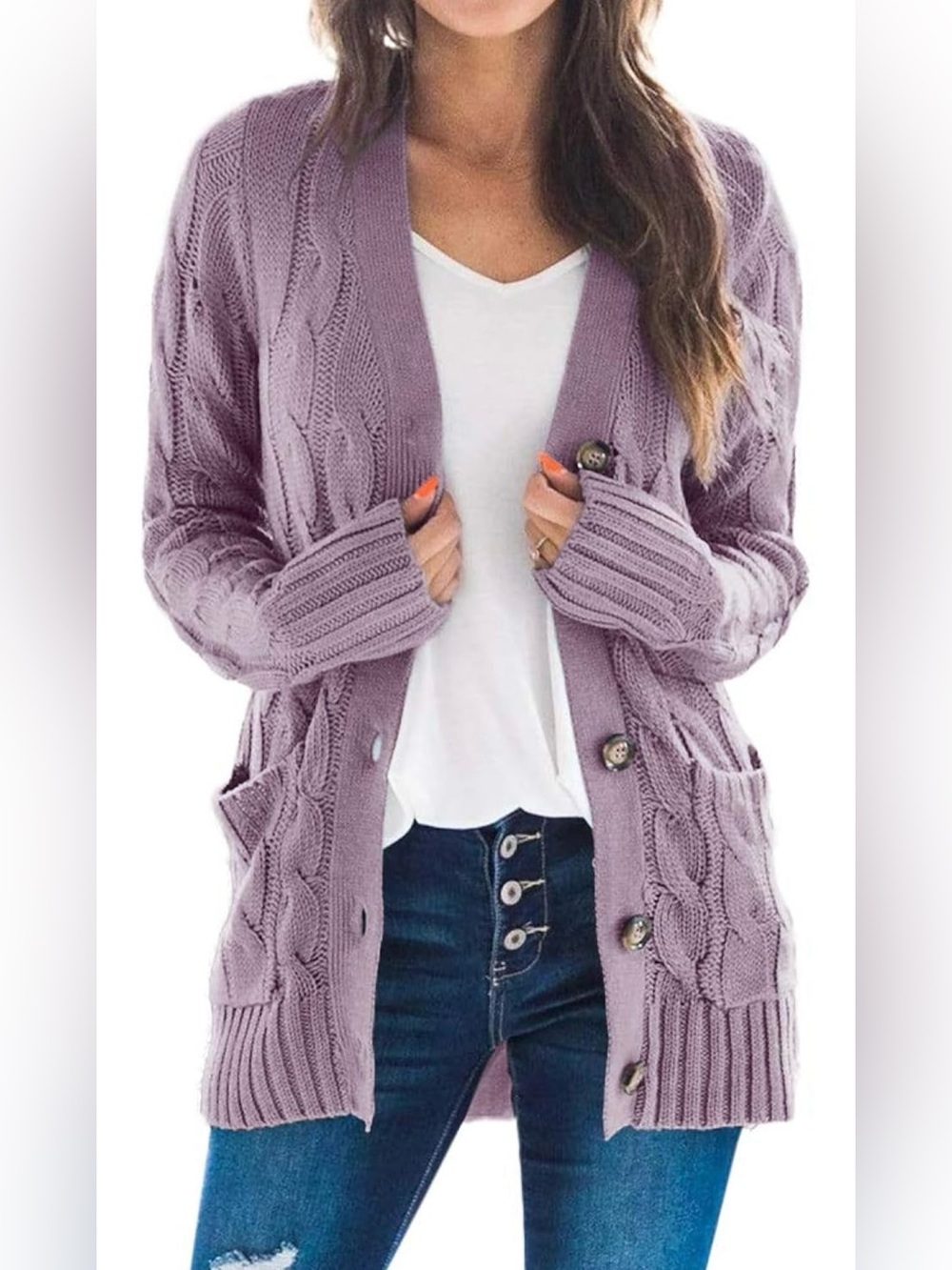 Cozy Cable Knit Button-Front Cardigan Sweater - Lavender